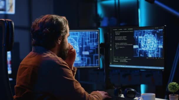 Utvecklare Uppdatera Artificiell Intelligens Neurala Nätverk Skriva Dator Tangentbord Neon — Stockvideo