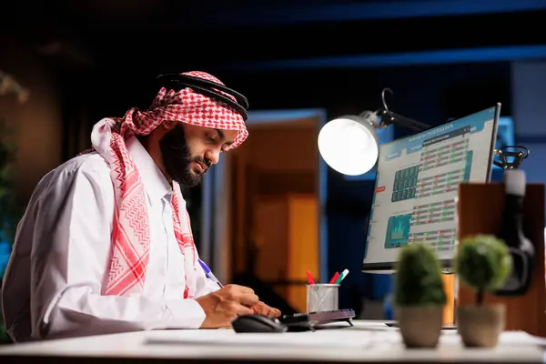 Widok Boku Muzułmańskiego Przedsiębiorcy Używającego Długopisu Zapisywania Notatek Otrzymanych Monitora — Zdjęcie stockowe