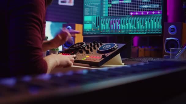 Experienced Audio Engineer Uses Mixing Board Create New Song Recording — Stock Video