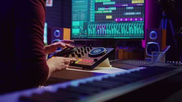 Sound Engineer Mixing Mastering Sounds Electronic Audio Console Pressing Controls — Stock Video