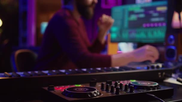 Music Composer Producing Soundtracks Using Stereo Panel Controls Soundboard Twisting — Stock Video