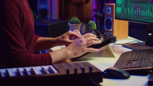 Audio Engineer Working Soundboard Create Perfect Sounds His New Songs — Stock Video