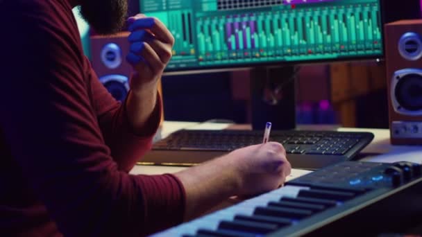 Songwriter Creating Special Song Recording Tunes Musical Instruments Writing Words — Stock Video