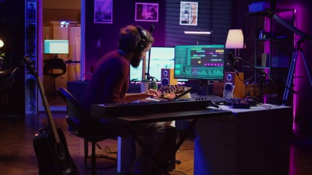 Joyful Artist Playing Piano Keyboard Recording Tunes Mixing Mastering Session — Stock Video