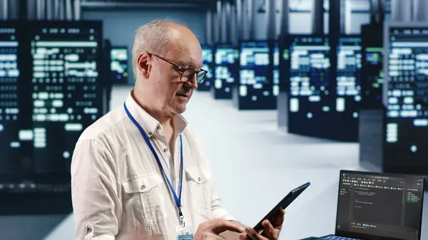 Meticulous Computer Scientist Data Center Solving Tasks Tablet While Running — Stock Photo, Image