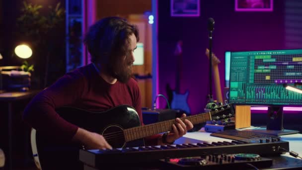 Portrait Artist Recording Tunes Daw Software His Guitar Enjoying Time — Stock Video