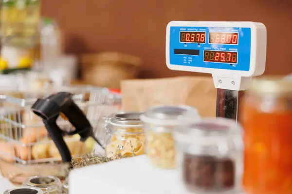 Close Shot Eco Friendly Checkout Counter Displaying Weighing Scale Barcode — Stock Photo, Image