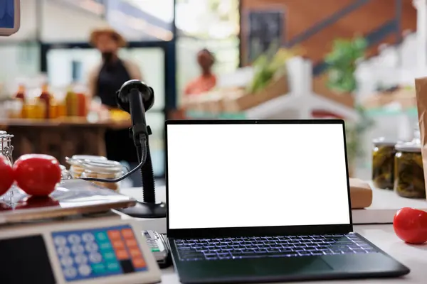 Zwarte Laptop Met Blanco Wit Scherm Geplaatst Een Toonbank Naast — Stockfoto