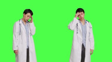 Mutsuz sıhhiyeci, yeşil perde arkaplanına karşı acı veren bir migrenle uğraşıyor. Sağlık sektöründe baskı altında çalışıyor. Kadın doktor baş ağrısı çekiyor, çok çalışıyor. Kamera B.