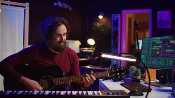 Portrait Artist Recording Tunes Daw Software His Guitar Enjoying Time — Stock Video