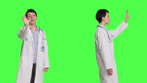 General Practitioner Welcoming Patients Inviting Them Come Closer Greeting Sick — Stock Video