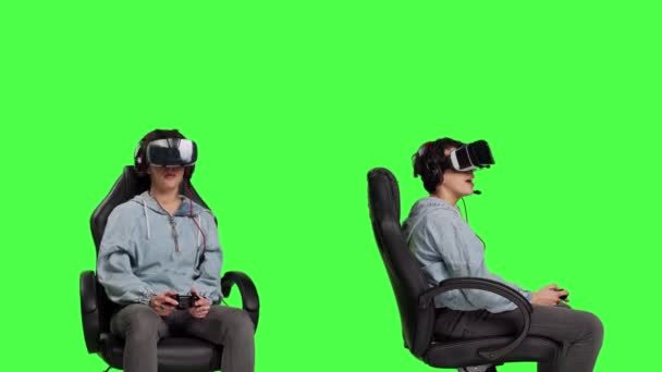 Игрок Выигрывает Проигрывает Консольном Турнире Используя Интерактивные Очки Виртуальной Реальности — стоковое видео