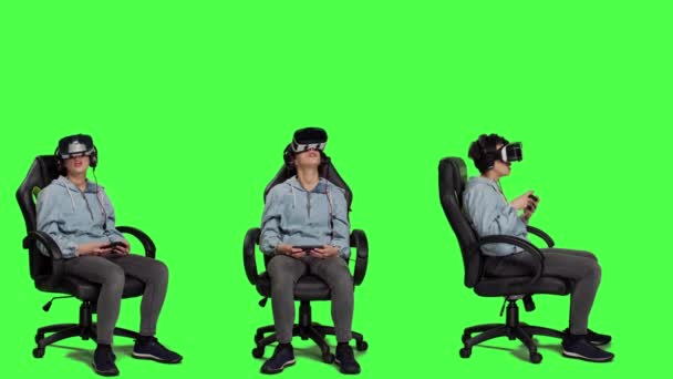 Female Player Uses Virtual Reality Headset Play Friends Online Internet — Stock Video