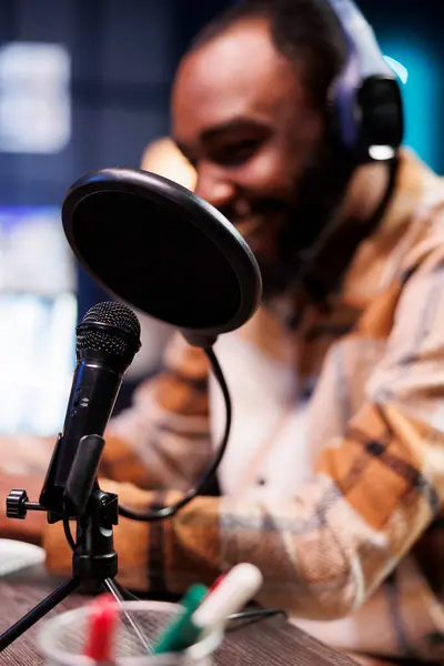 Closeup Joyful Black Man Creating Vlog Subscribers Using Professional Podcast — Stock Photo, Image