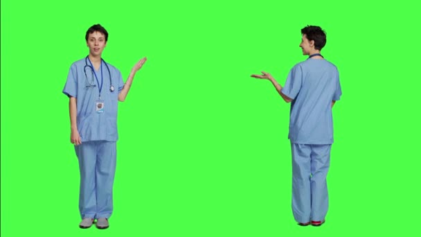 Medical Assistant Pointing Something Aside Doing Web Commercial Creating Advertisement — Stock Video