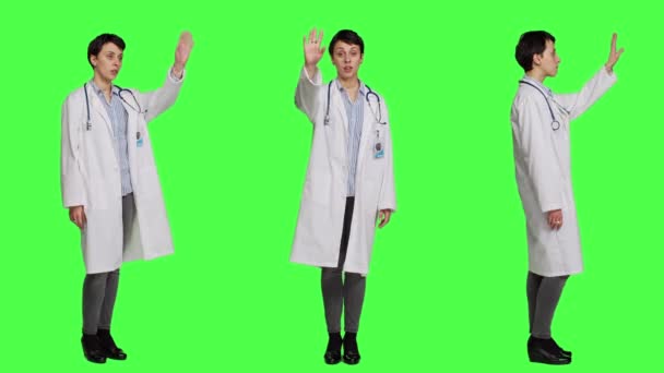Mujer Médica Saludando Pidiendo Gente Que Venga Chequeo Invitando Paciente — Vídeo de stock