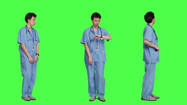 Gestresste Verpleegster Controleren Tijd Wacht Wachten Tot Patiënt Aankomt Bij — Stockvideo