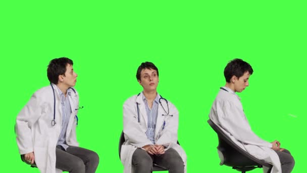 Läkare Vit Rock Väntar Patienter Konsultationer Känner Otålighet Sitter Stol — Stockvideo