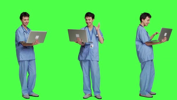 Nurse Attending Online Telemedicine Videocall Laptop Talking Patients Disease Diagnosis — Stock Video
