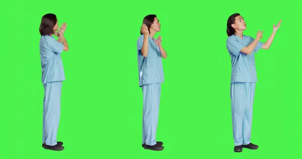 Asian Medical Assistant Creates Commercial New Medical Campaign Greenscreen Backdrop — Stock Photo, Image