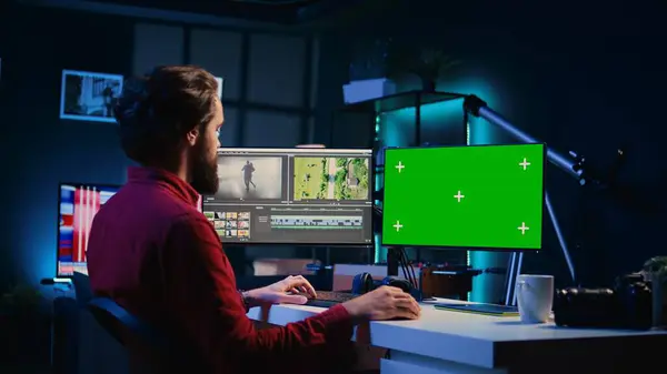 视频编辑器使用绿色屏幕监视器上的编辑软件来升级镜头拍摄 由制作团队委托外包任务 模拟Pc的免费视频制作者完成项目 — 图库照片