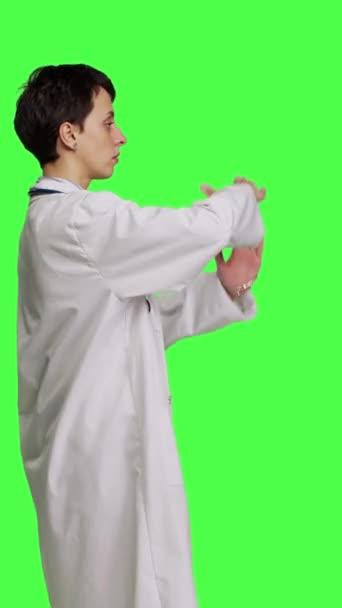 Profile Woman Physician Doing Timeout Gesture Greenscreen Backdrop Asking Work — Stock Video