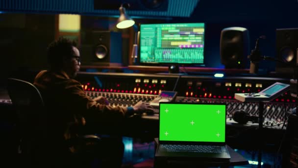 African American Artist Working Mockup Display Control Room Mixing Mastering — Stock Video