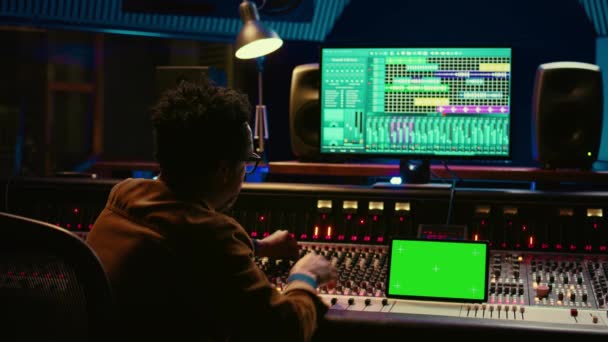 Professional Audio Technician Recording Tracks Mockup Tablet Creating Tunes Mixing — Stock Video