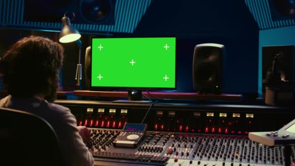 Sound Technician Learns Mix Master Tracks Watching Tutorials Greenscreen Creating — Stock Video