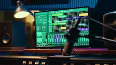 Profesyonel kayıt stüdyosundaki ses geçirmez oda, sürgülü ve faders paneli stereo ekipman. Ses kayıt yazılımıyla profesyonel prodüksiyon alanı.