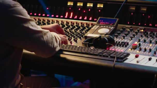 Mixing Engineer Pressing Sliders Control Desk Balance Tracks Add Sound — Stock Video