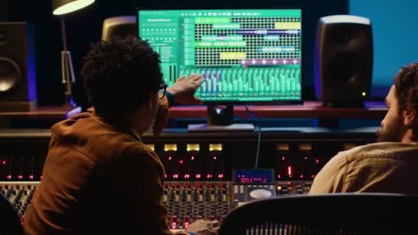 Diverse People Processing Mixing Sounds Audio Console Adding Sound Effects — Stock Video