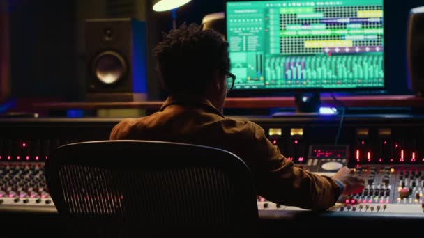 African American Sound Engineer Feeling Happy His Recorded Song Mixing — Stock Video
