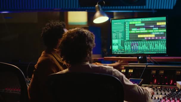 Team Sound Engineers Working Recording Editing Tracks Professional Studio Control — Stock Video