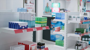 Bireyler için ilaç ve reçeteli ilaç satan boş bir ilaç deposu. Eczane reçeteli ilaçlar, besinler, antibiyotikler ve sakinleştiriciler satıyor. Sağlık hizmetleri yardım girişimi.