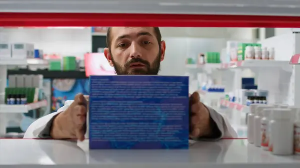 Pov Retail Worker Arranging Pharmacy Products Shelves Putting Stock Display — Stock Photo, Image