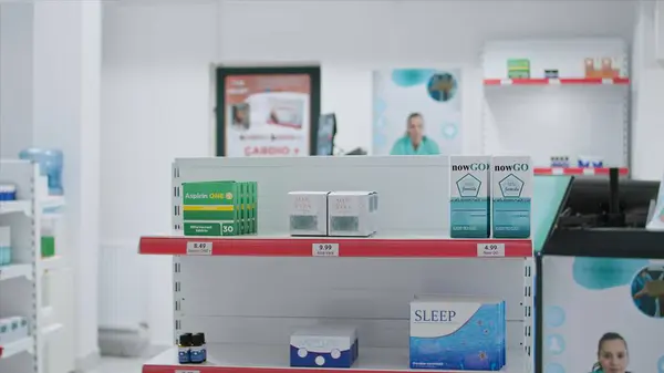 Boxes of prescribed medicine displayed in empty drugstore, awaiting clients to purchase or include under medical coverage. Pharmacy equipped with nutritional products and pharmaceutical drugs.