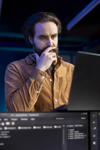 Reflective Programmer Debating How Design Develop Software Applications Puzzled Specialist — Stock Photo, Image