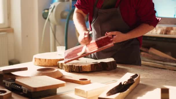 Carpinteiro Loja Montagem Iniciando Projeto Restauração Bloco Madeira Aplicando Laca — Vídeo de Stock