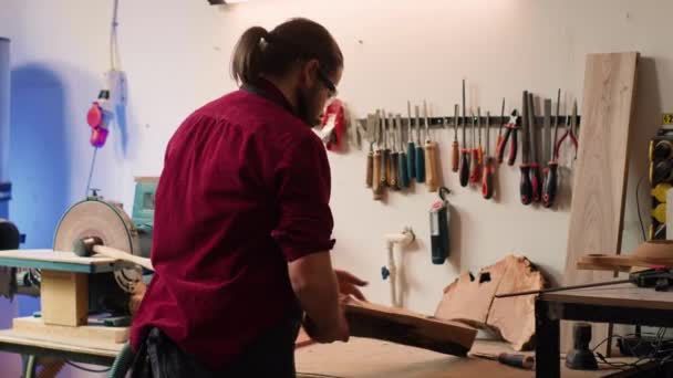 Woodworker Using Bench Vise Hold Lumber Block Starting Furniture Assembling — Stock Video