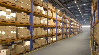 Endüstriyel depo içinde takip numaraları ve sevkiyat detayları içeren fatura faturalarıyla etiketlenmiş birden fazla konteynır barındırıyor. Depo perakende sektörü için tedarik zinciri işi yapıyor. 3d canlandırma canlandırması.