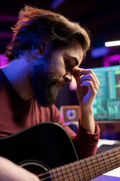 Stressed Sleepy Artist Practicing Acoustic Instrument His Home Studio Recording — Stock Photo, Image