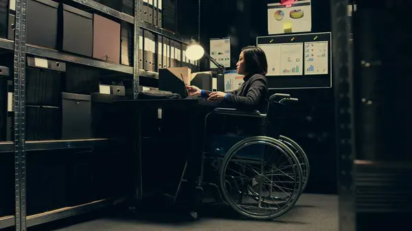 Wheelchair User Conducting Private Investigation Disability Friendly Incident Room Examining — Stock Photo, Image