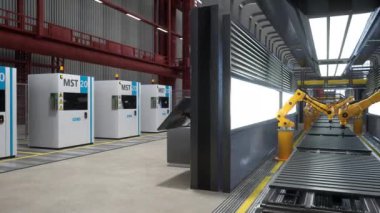Endüstriyel robot kolları fabrikada çalışıyor bilgisayarlı makinelerin yanında, 3D görüntüleme. Otomatik depodaki nakliye bantlarında donanım ekipmanlarıyla birlikte ağır makineler kullanılıyor