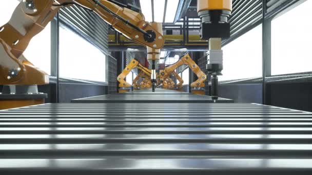 自动化工厂用机械臂将制造的产品放置在传送带上 三维渲染 高科技物流仓库的装配线和重型机械 3D动画 — 图库视频影像