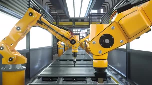 配备机器人臂的繁忙工厂 用于在传送带上放置已制造的物品 3D渲染 高科技现代制造业仓库的装配线和重型机械 3D动画 — 图库视频影像