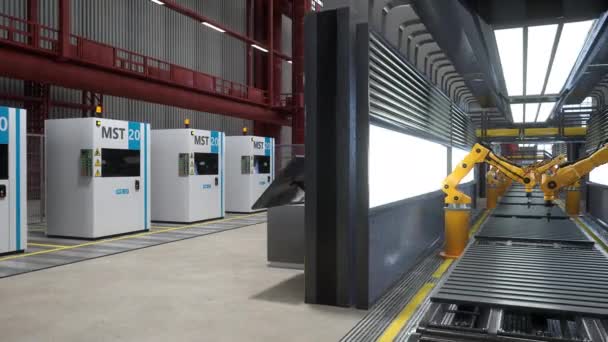 Endüstriyel Robot Kolları Fabrikada Çalışıyor Bilgisayarlı Makinelerin Yanında Görüntüleme Otomatik — Stok video