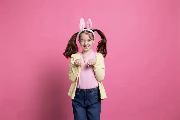 Adorable Little Girl Spending Easter Holiday Hopping Rabbit Camera While — Stock Photo, Image