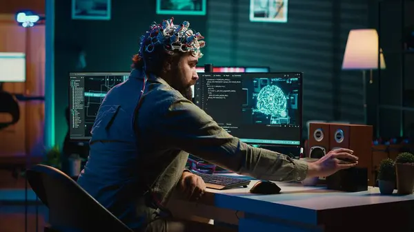 stock image IT expert using EEG headset and machine learning to upload brain into computer, gaining immortality. Computer scientist develops AI experiment, inserting his persona into cyberspace, camera A