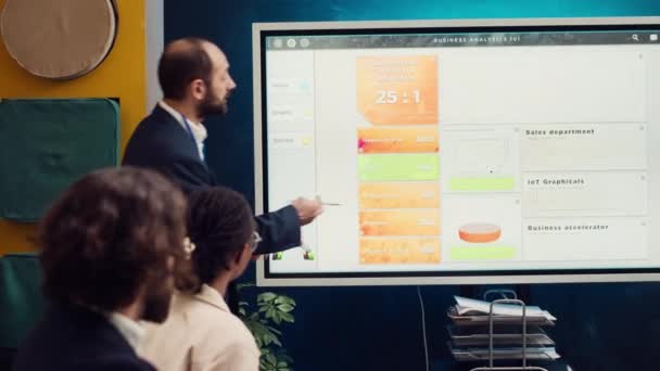 销售经理创建了一个演示来宣传新的发展战略 使用互动板让他的工作人员理解这些目标 业务规划会议 相机A — 图库视频影像